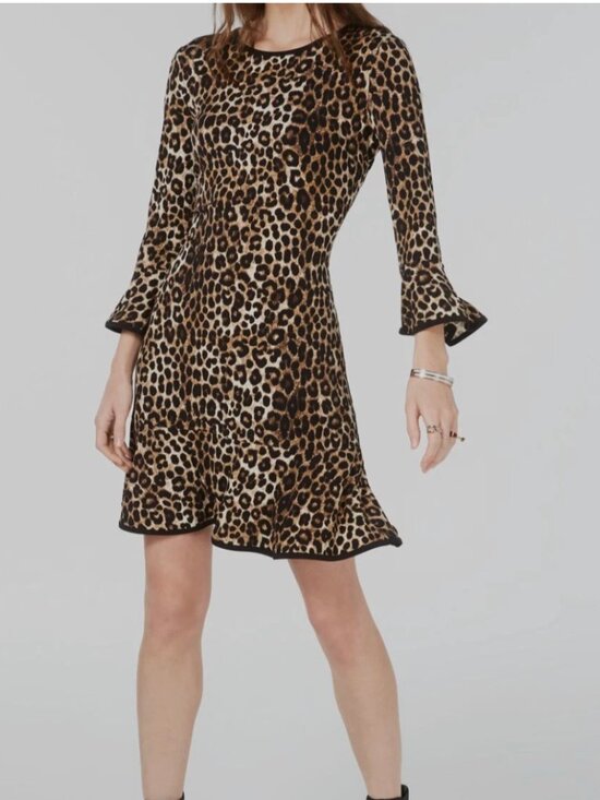 Micheal Micheal Kors Women's Brown Cheetah Ruffled Bell Sleeve A-Line Dress - S - Picture 1 of 4